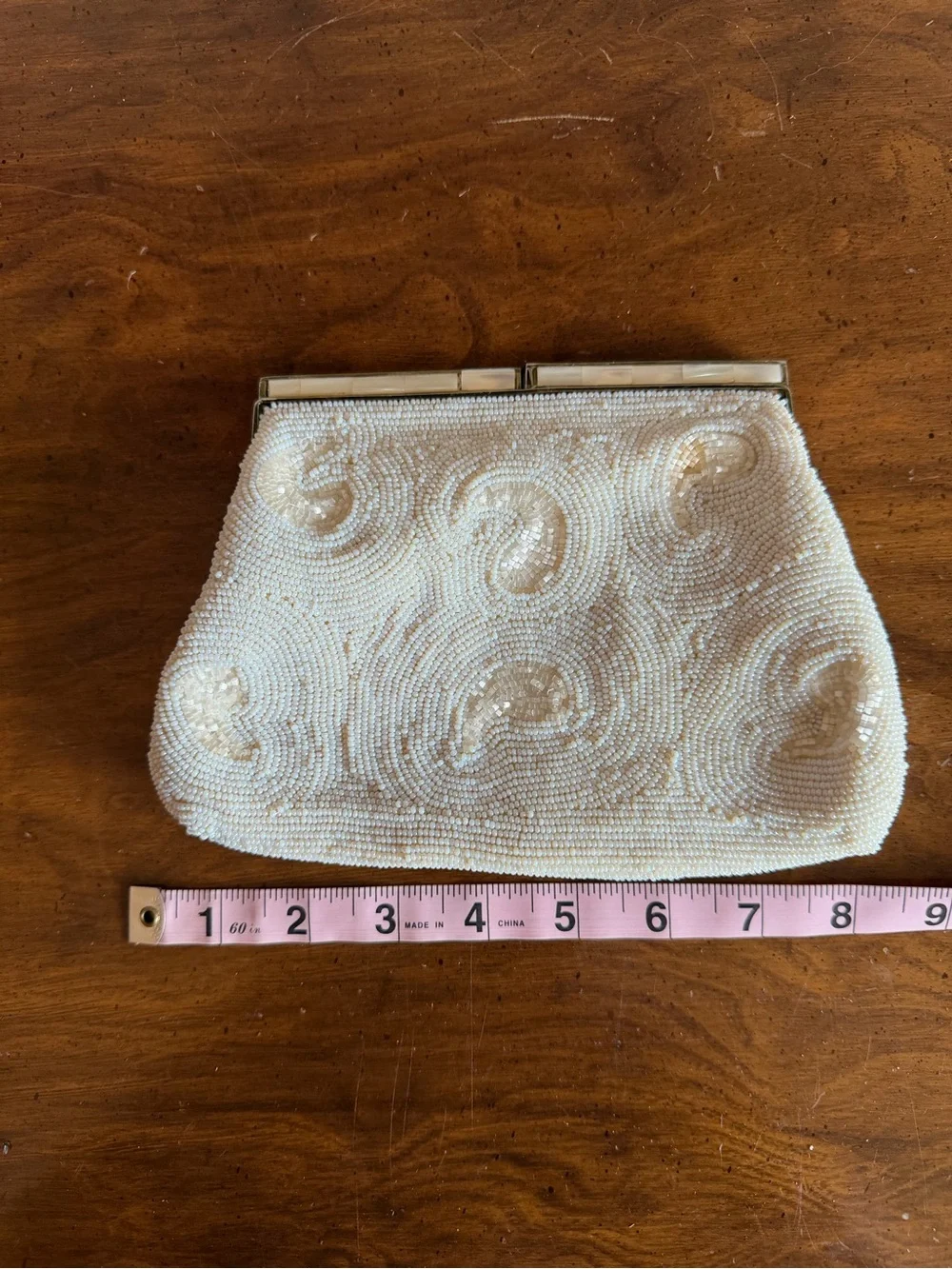 Vintage Ivory Beaded Evening Clutch with Swirl Detailing